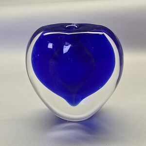 Cobalt Blue Clear Glass HEART PAPERWEIGHT Vintage Vase 1990s Art Glass